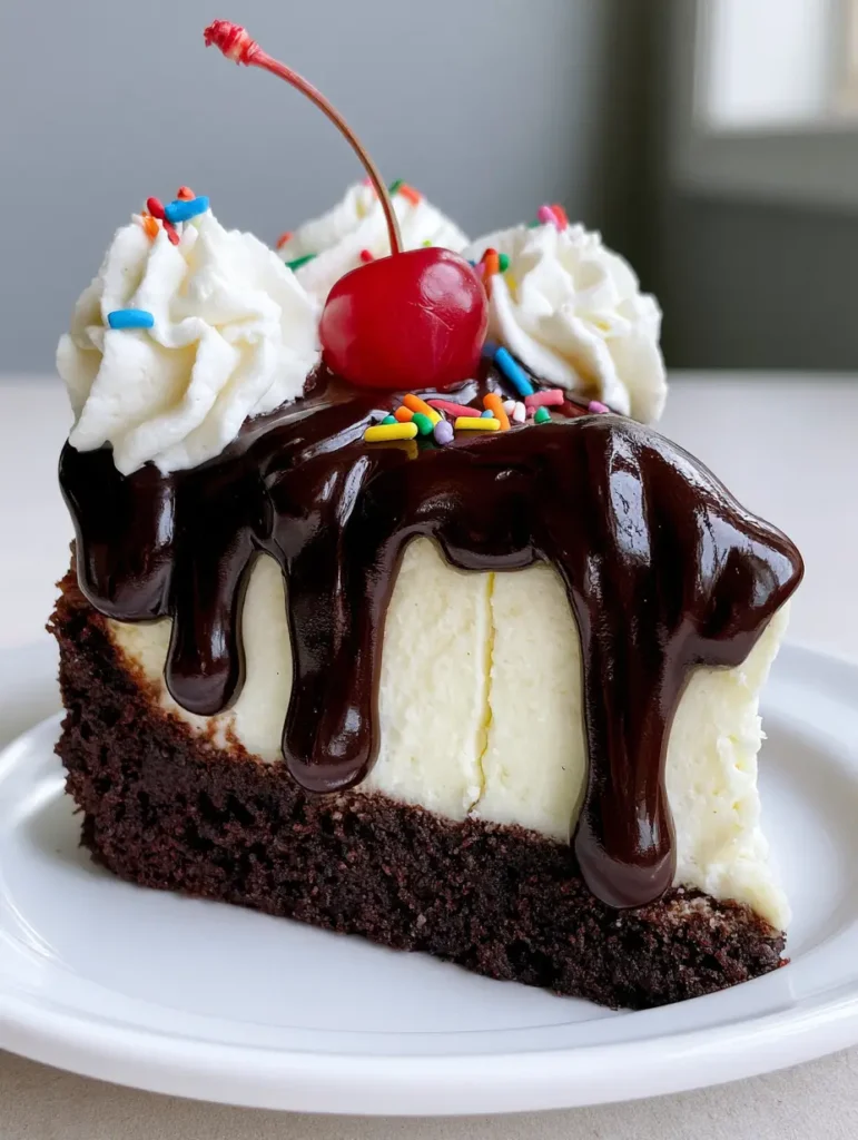 Close up of Hot Fudge Sundae Brownie Cheesecake garnish with stiff whipped cream swirls and a maraschino cherry with stem.