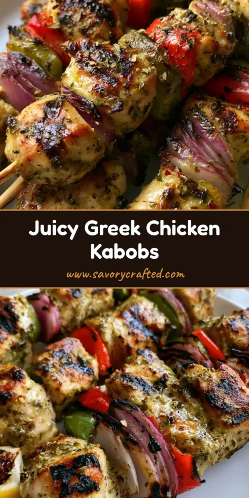Several wooden skewers loaded with Greek Chicken Kabobs featuring charred red onion and peppers on a white plate.