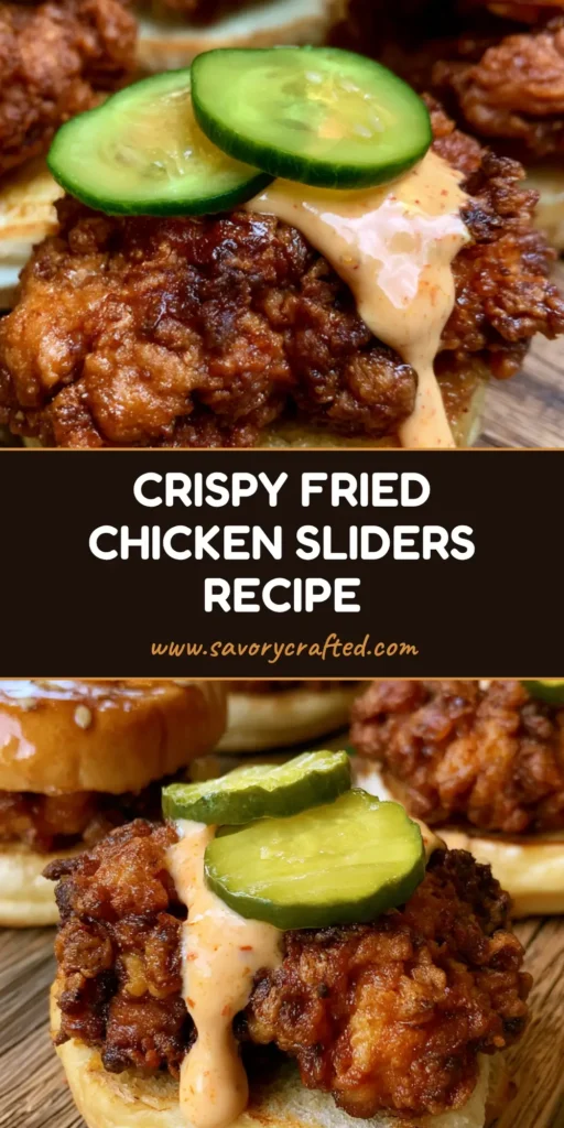 Three Crispy Fried Chicken Sliders on a rustic board with craggy golden crust and spicy mayo dripping. (Crispy Fried Chicken Sliders)