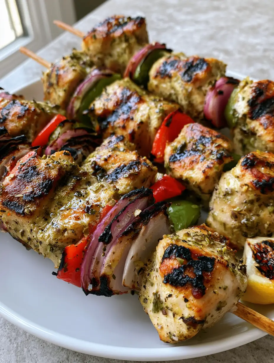 Close-up of Greek Chicken Kabobs with visible dried oregano flakes and dark grill marks.