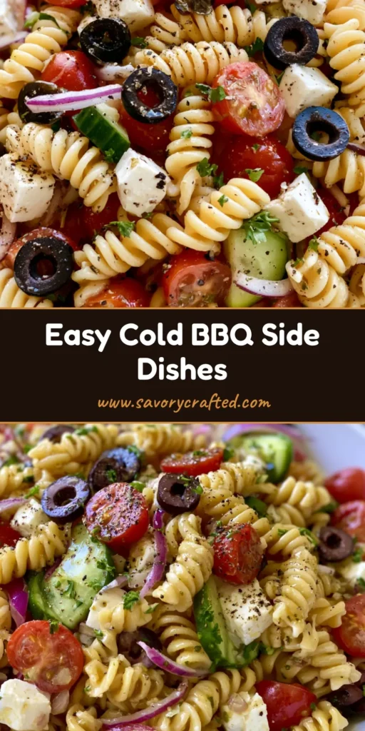 A large white bowl of Mediterranean rotini pasta salad with tomatoes, cucumbers, and feta cheese, a perfect example of Cold BBQ Side Dishes.