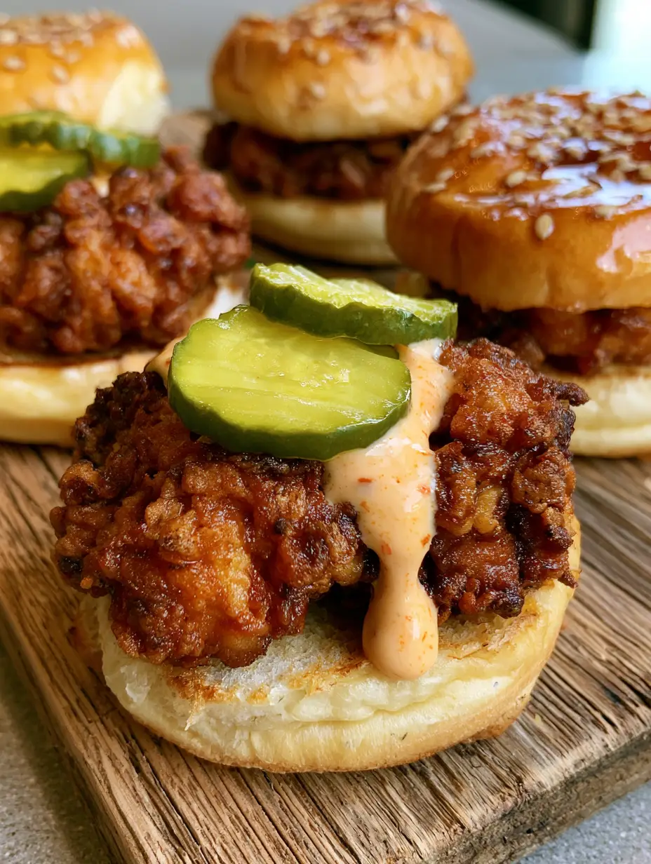 Handheld photo showing the thick craggy crust of Crispy Fried Chicken Sliders on toasted brioche. (Crispy Fried Chicken Sliders)