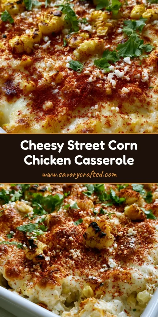 Street Corn Chicken Casserole: The Ultimate Creamy Elote Bake 3 A bubbling Street Corn Chicken Casserole in a white dish topped with melted Monterey Jack, cotija cheese, chili powder, and cilantro.