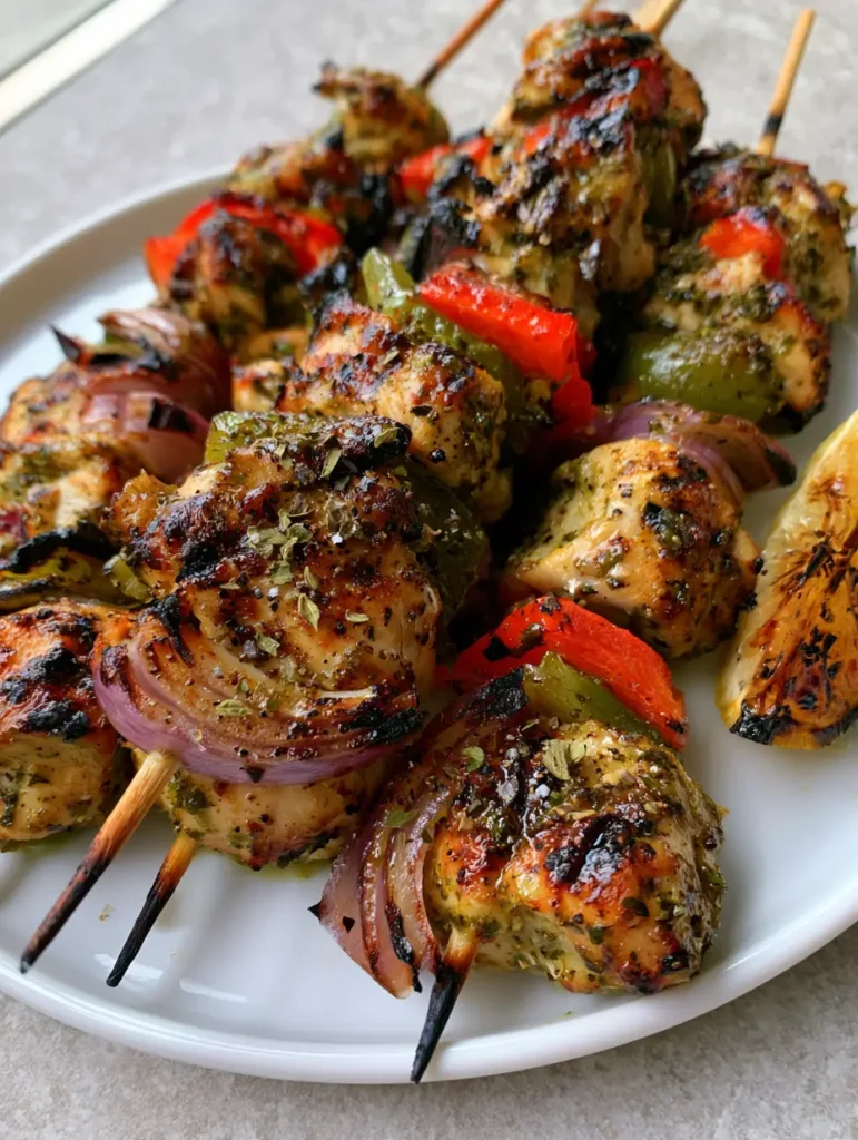 Greek Chicken Kabobs resting on a stone countertop next to a charred lemon wedge.