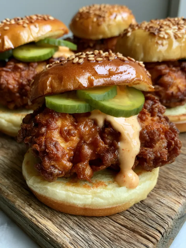 Close up of creamy orange spicy mayo dripping down Crispy Fried Chicken Sliders with pickles.