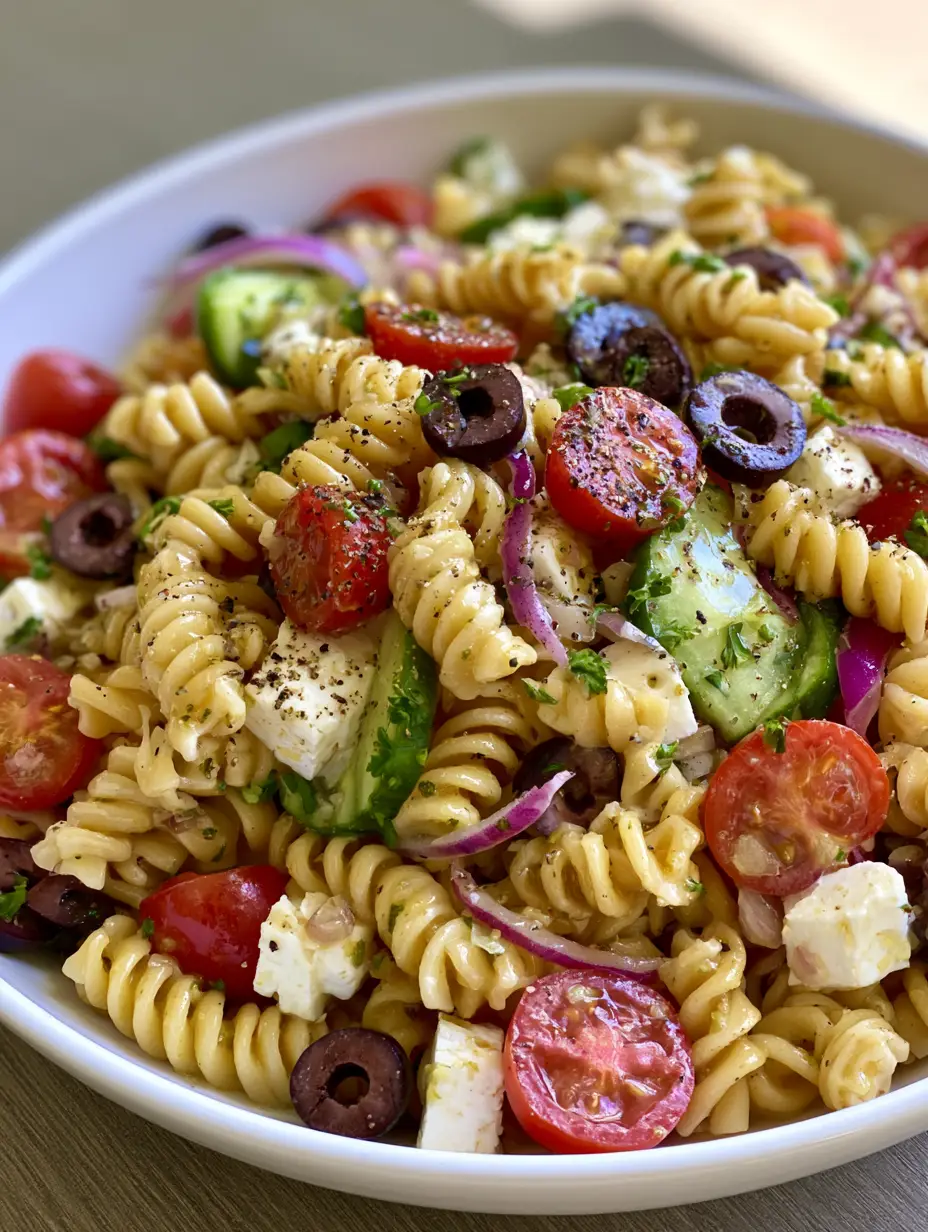 Close up overhead view of colorful rotini pasta with black olives, red onions, and feta cheese for Cold BBQ Side Dishes.