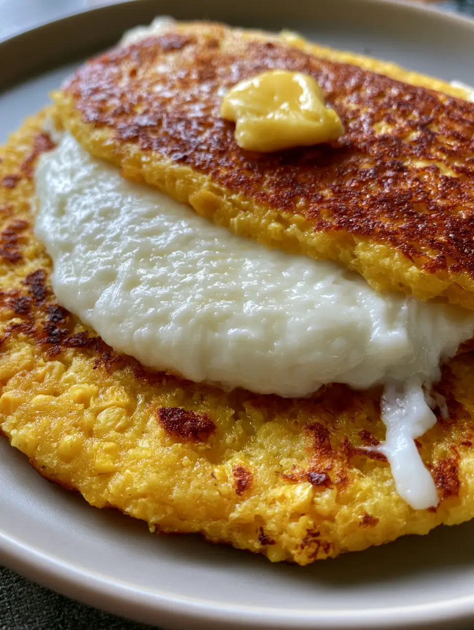 Close up of a thick golden corn pancake showing charred brown spots and melted white cheese. (Venezuelan Sweet Corn Cachapas)