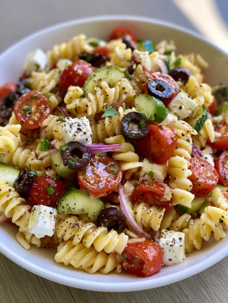 Handheld photo showing the glossy herb vinaigrette coating the rotini pasta and vegetables.