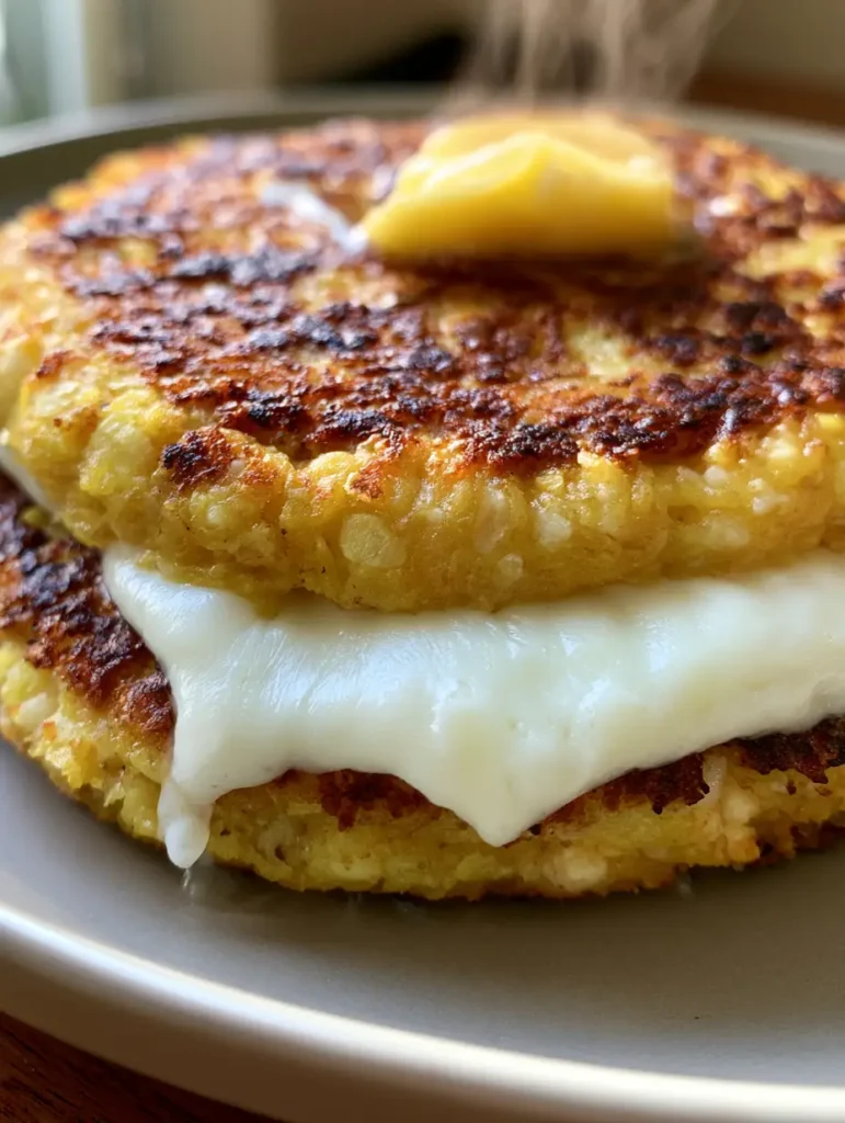 A Venezuelan Cachapa folded over melting mozzarella cheese with a pat of butter on top.