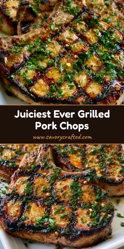 Three thick-cut grilled bone-in pork chops with dark cross-hatch grill marks and fresh parsley garnish on a white plate. (pork chop marinade)