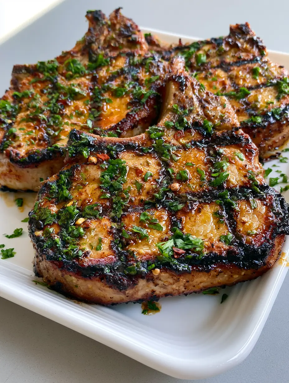 Close up shot of glistening grilled pork chops with caramelized edges and red chili flakes. (pork chop marinade)