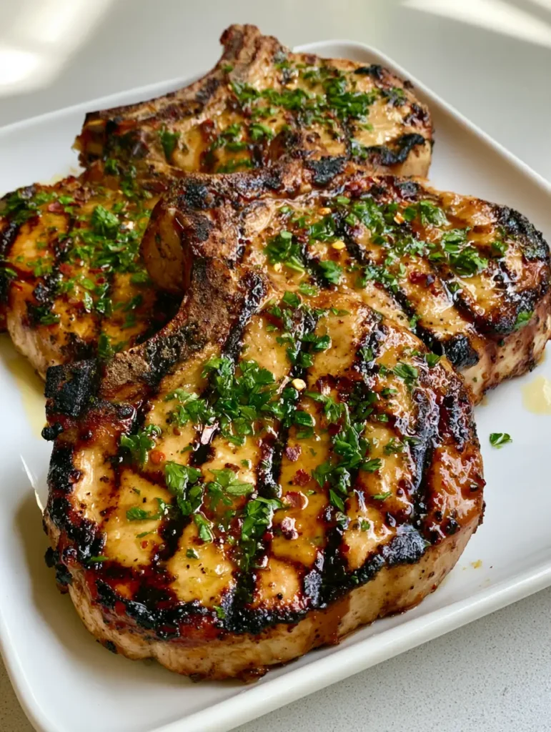 Bone-in pork chops on a rectangular plate showing professional cross-hatch grill marks.