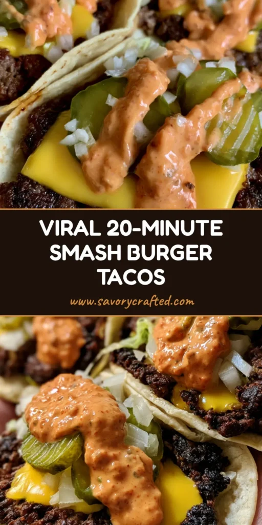 A close-up shot of three viral Smash Burger Tacos being held, showing crispy beef edges, melted American cheese, and creamy orange sauce. (Smash Burger Tacos)