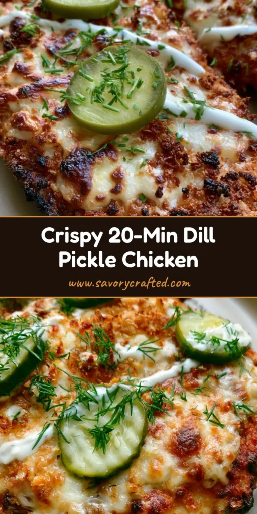 A close-up shot of Air Fryer Dill Pickle Chicken with a crispy panko-parmesan crust, topped with pickle slices and a ranch drizzle.