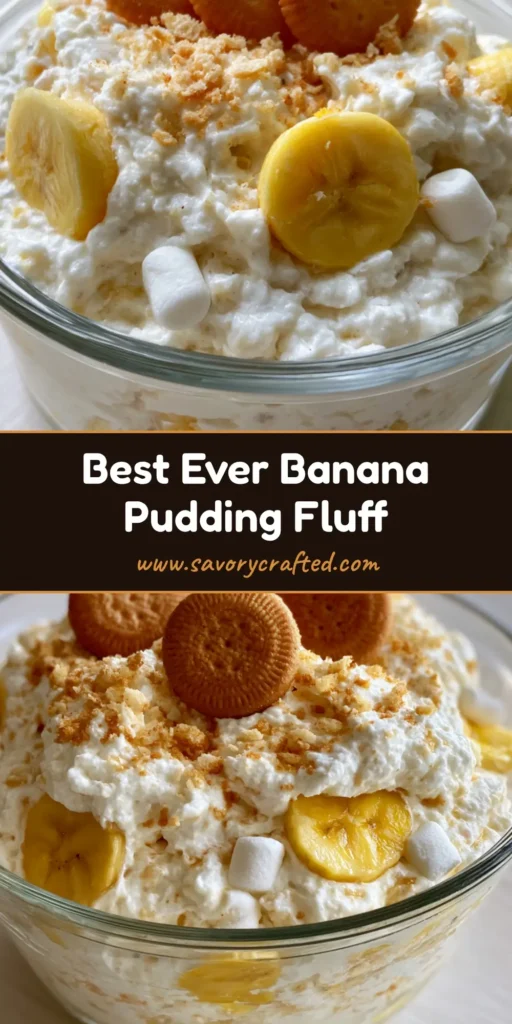A tall Pinterest-style image of Banana Pudding Fluff Salad in a glass bowl with vanilla wafers and marshmallows.