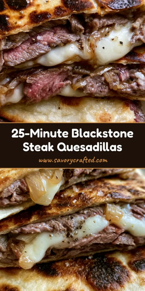 A stack of sliced Blackstone Steak and Cheese Quesadillas showing melted provolone and seared ribeye on charred flour tortillas.
