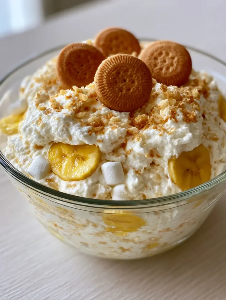 Close up of thick airy Banana Pudding Fluff Salad showing sliced bananas and mini marshmallows through a glass bowl.
