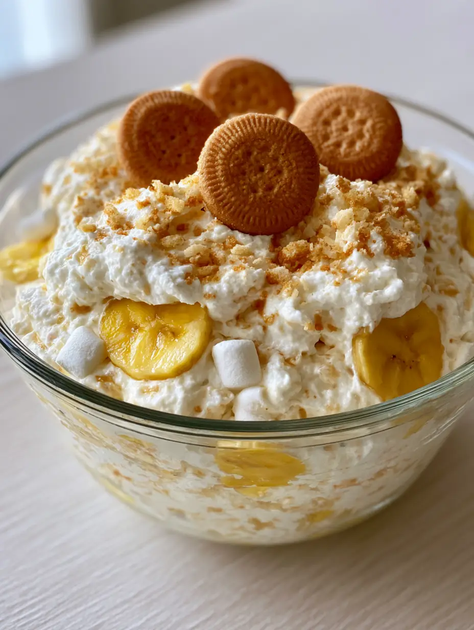 Close up of thick airy Banana Pudding Fluff Salad showing sliced bananas and mini marshmallows through a glass bowl.