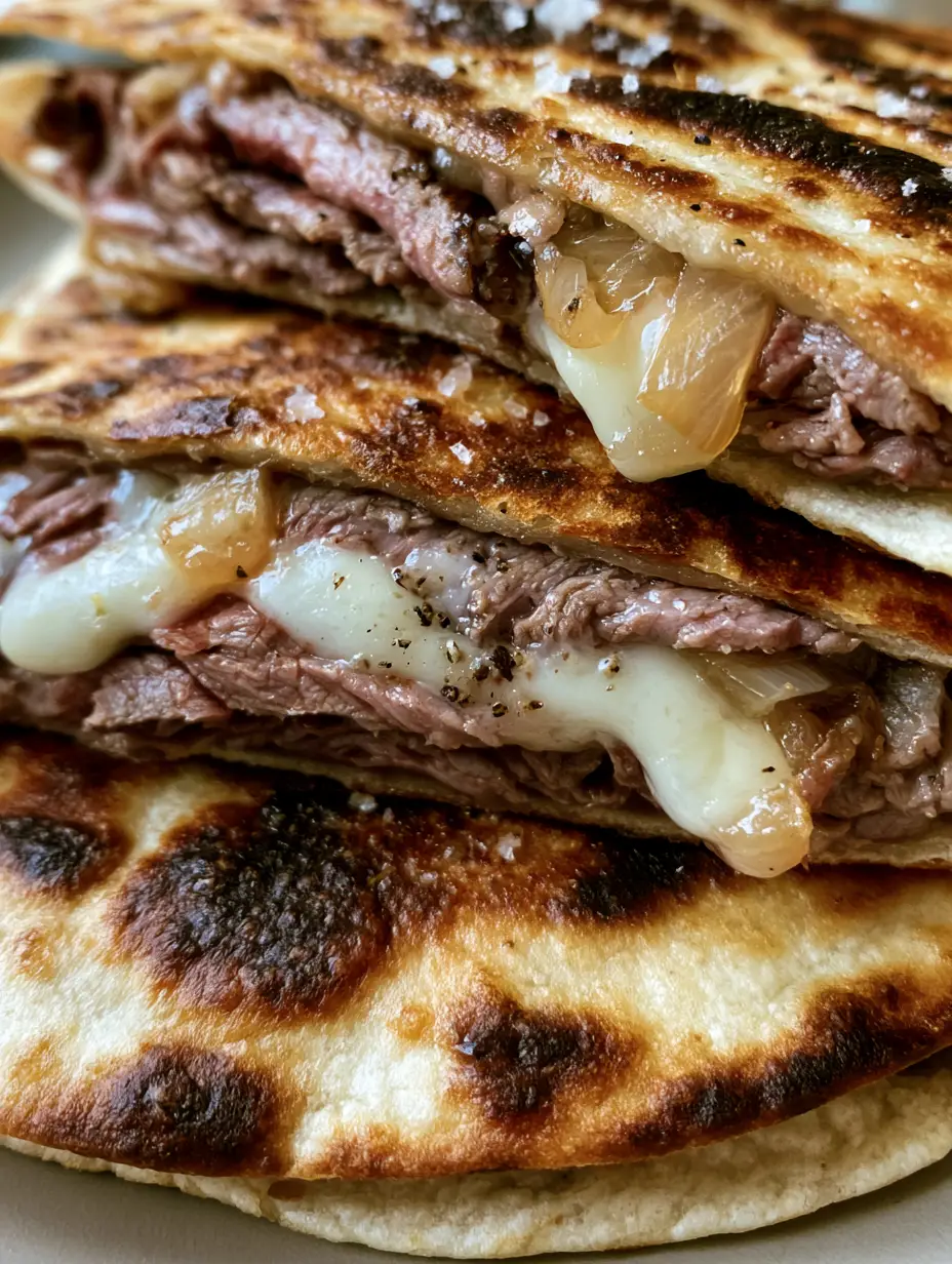 Close up of charred flour tortillas filled with thinly sliced ribeye steak and gooey melted cheese for Blackstone Steak and Cheese Quesadillas.