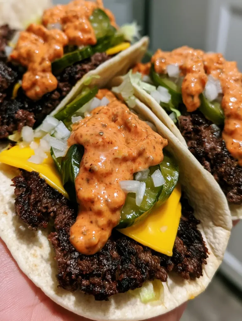 Detailed view of the melted yellow cheese and creamy orange-pink burger sauce on Smash Burger Tacos.