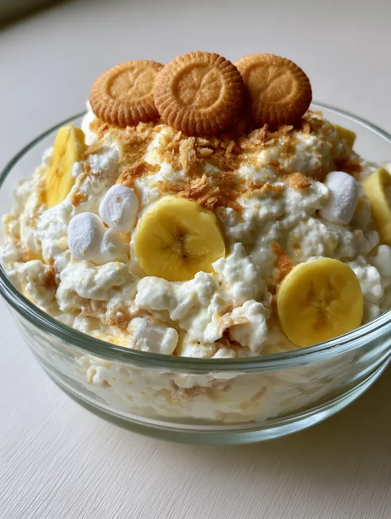 Banana Pudding Fluff Salad garnished with three whole vanilla wafers and crushed crumbs on a light wooden surface.