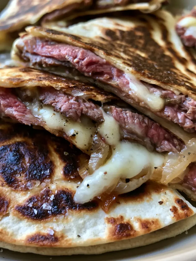 Handheld photo of a sliced steak quesadilla with translucent caramelized onions and cracked black pepper.