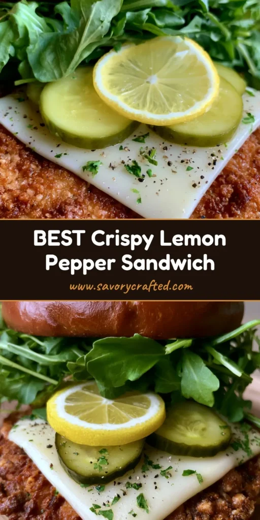 A gourmet Crispy Lemon Pepper Chicken Sandwich on a toasted pretzel bun with melted provolone, pickles, and arugula on a wooden surface.