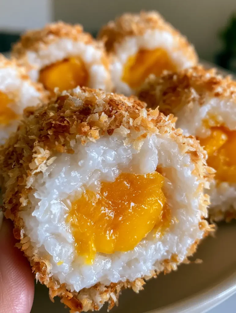 Close-up of Mango Sticky Rice Rolls showing the translucent rice texture and toasted coconut exterior.