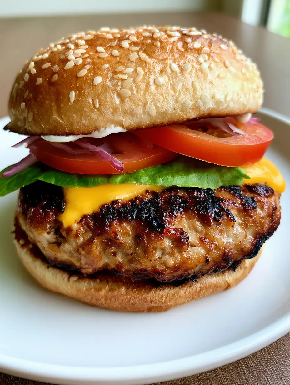 A thick, seared ground turkey patty on a toasted sesame bun. (Juicy Turkey Burgers)