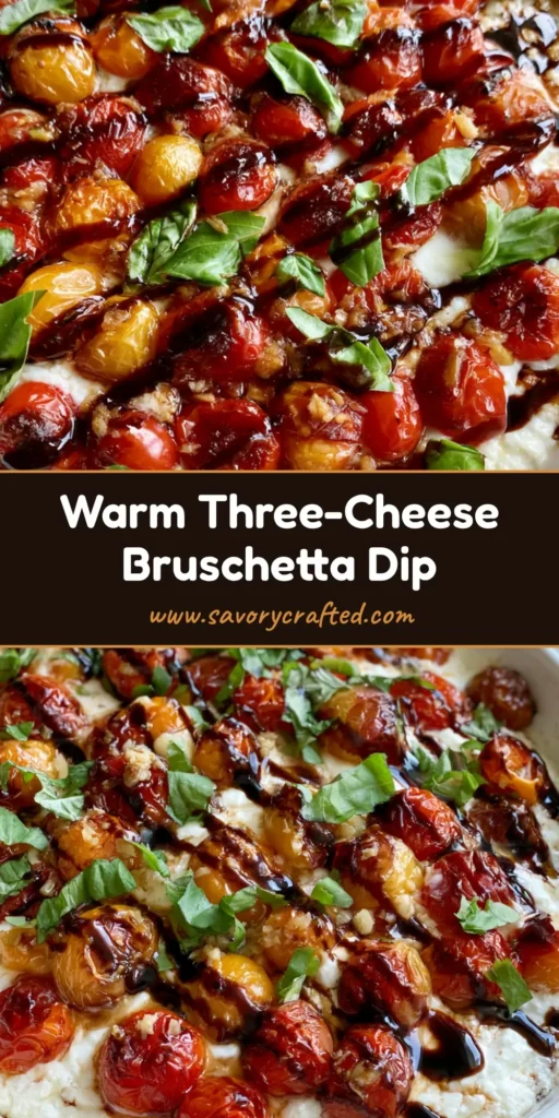 A bubbling Three-Cheese Tomato Bruschetta Dip in a white dish topped with red and yellow tomatoes and balsamic glaze.