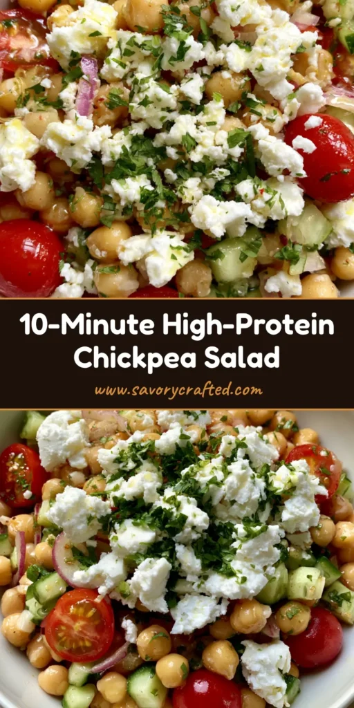 A vibrant top-down shot of a High-Protein Chickpea Salad in a white bowl with cucumbers, feta, and tomatoes on a light wood table.