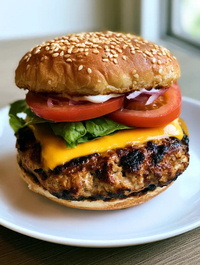 A juicy turkey burger sitting on a white plate with garlic aioli visible under the bun.