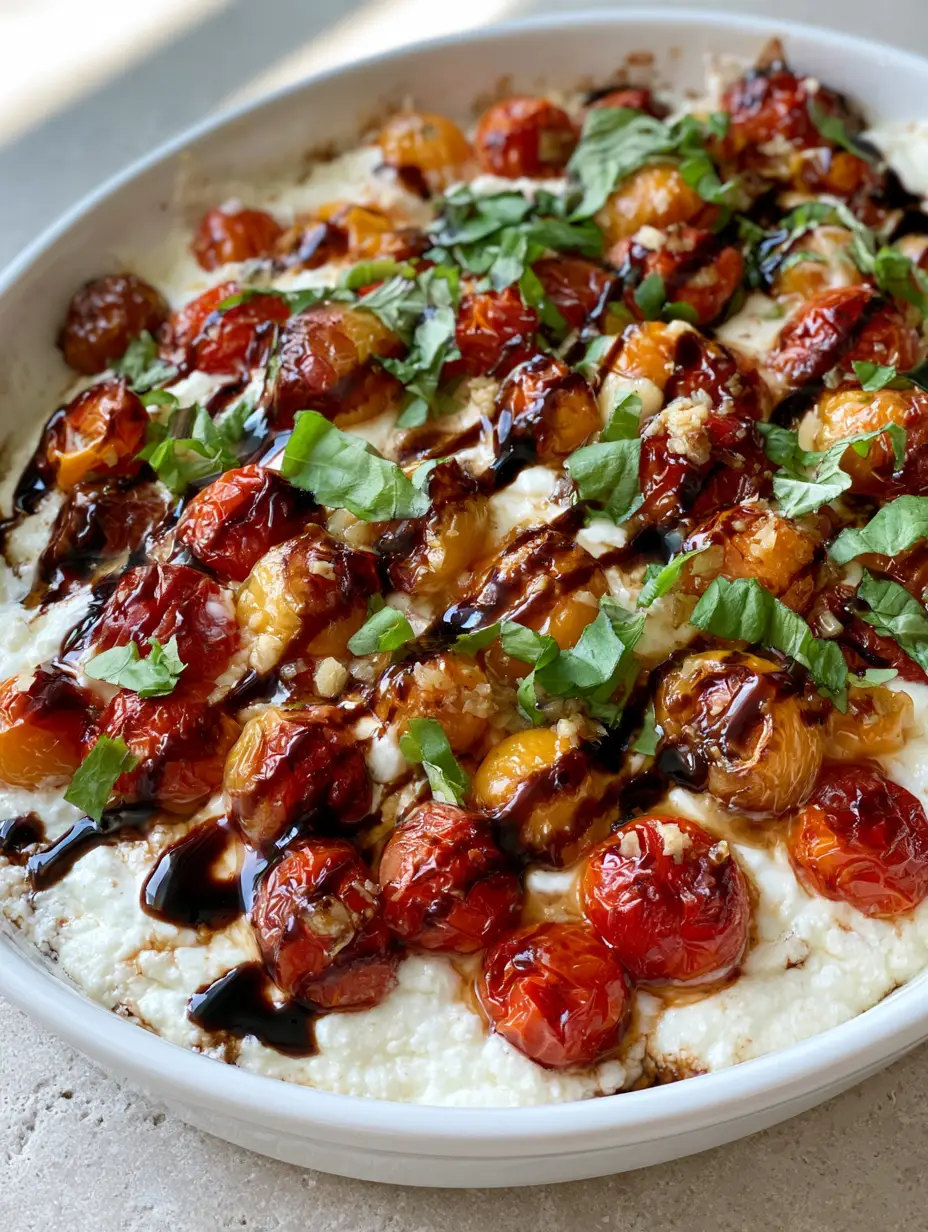 Close up of melted ricotta and mozzarella with blistered tomatoes for Three-Cheese Tomato Bruschetta Dip.