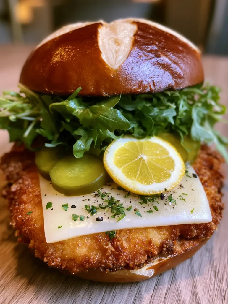Side view of the Crispy Lemon Pepper Chicken Sandwich highlighting the wild arugula and pretzel bun texture.