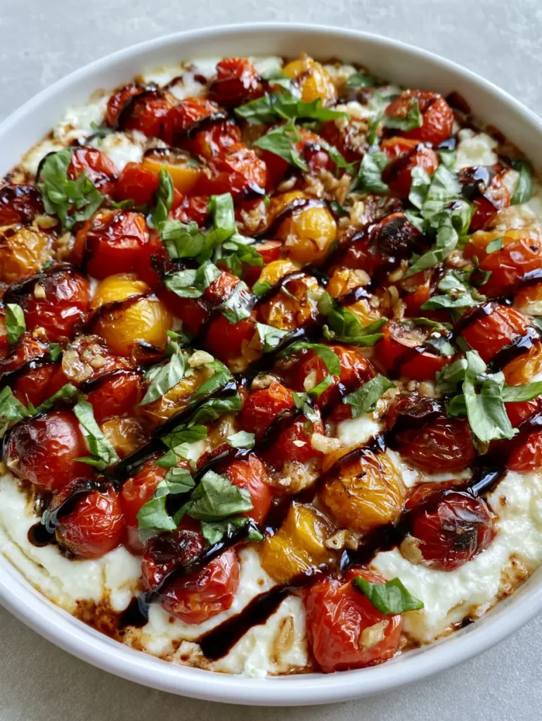 Overhead view of Three-Cheese Tomato Bruschetta Dip showing the balsamic glaze zig-zags and basil leaves.