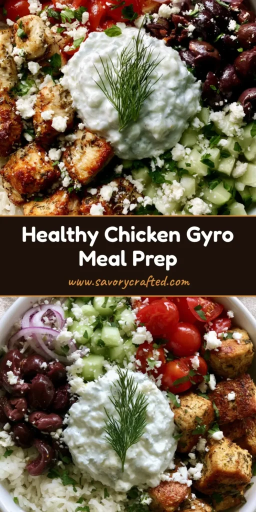 A top-down Pinterest-style photo of Chicken Gyro Bowls with golden-brown chicken cubes, white basmati rice, cherry tomatoes, cucumbers, and a thick dollop of tzatziki.