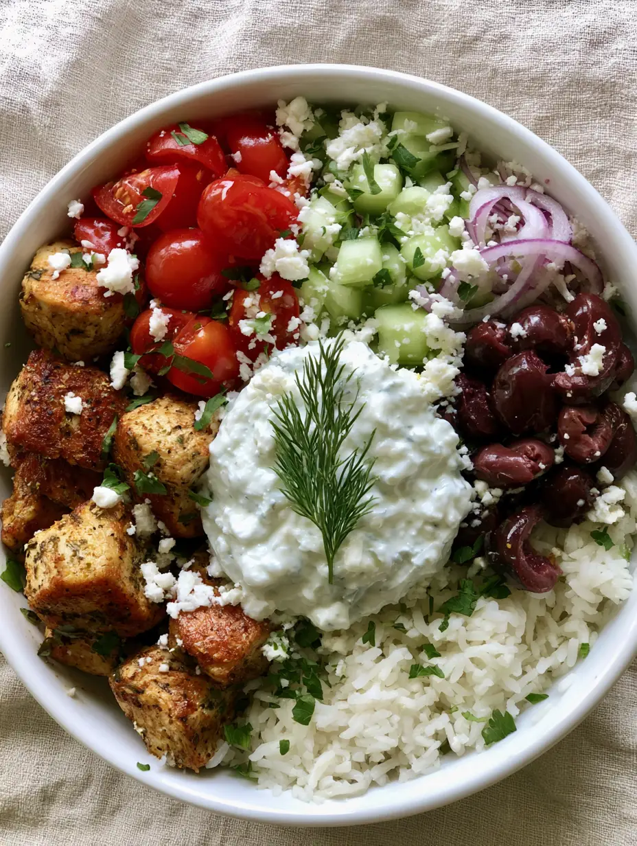 Close-up of a Chicken Gyro Bowl featuring herb-seasoned chicken, feta cheese, and fresh dill garnish on a neutral background.
