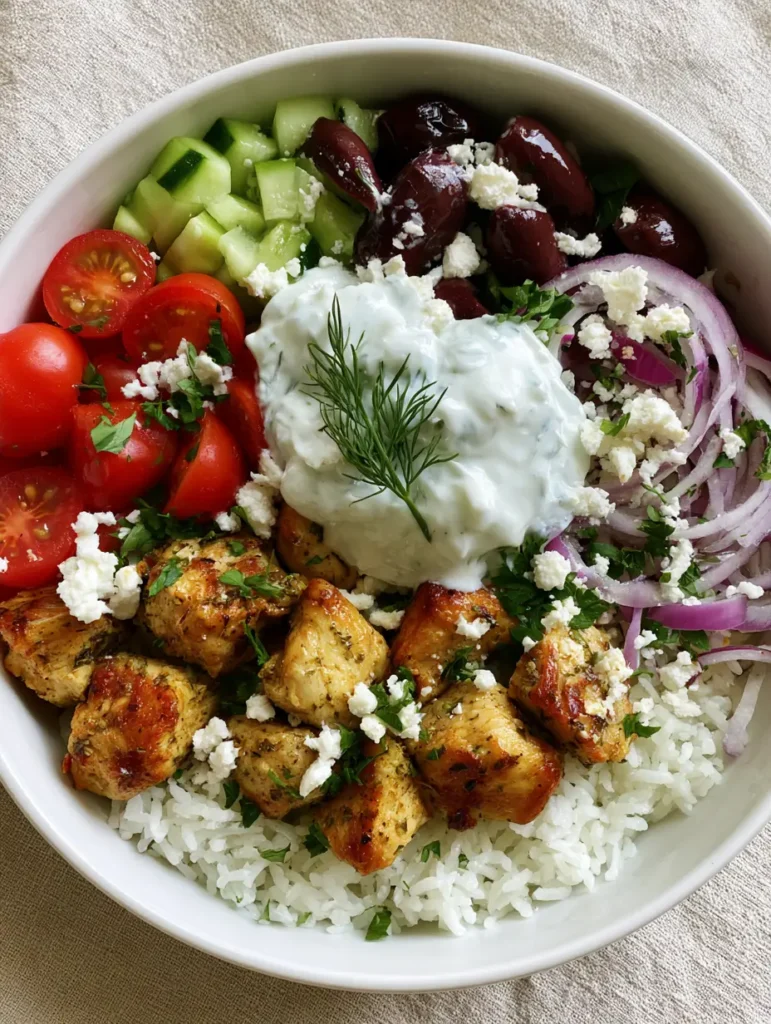 Top-down view of a Mediterranean Chicken Bowl with steamed rice, seared chicken, olives, and creamy tzatziki sauce.