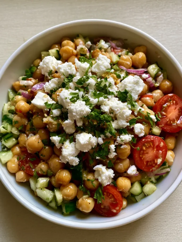 Top-down view of High-Protein Chickpea Salad in a ceramic bowl, showcasing chunks of feta and fresh parsley.