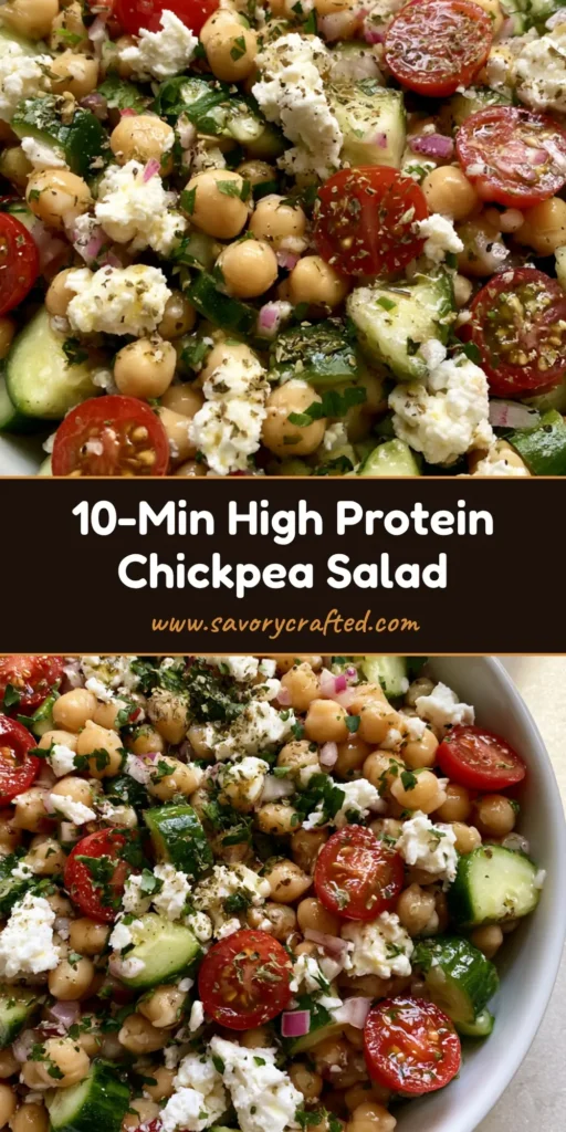 A colorful High-Protein Chickpea Salad in a shallow white bowl featuring bright green cucumbers, red cherry tomatoes, and crumbled feta cheese on a stone countertop.