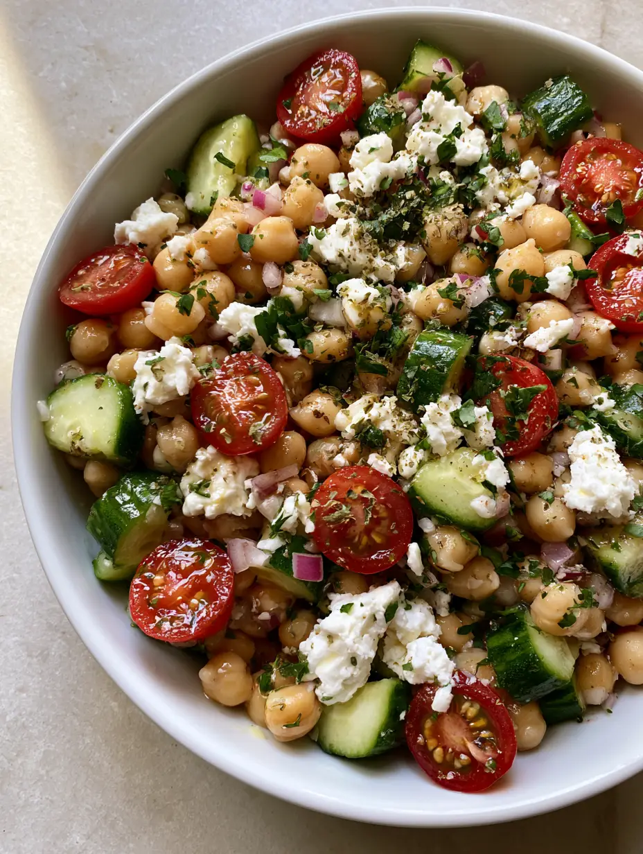 Top-down view of a High-Protein Chickpea Salad with glistening lemon-olive oil dressing, Persian cucumbers, and cherry tomatoes.