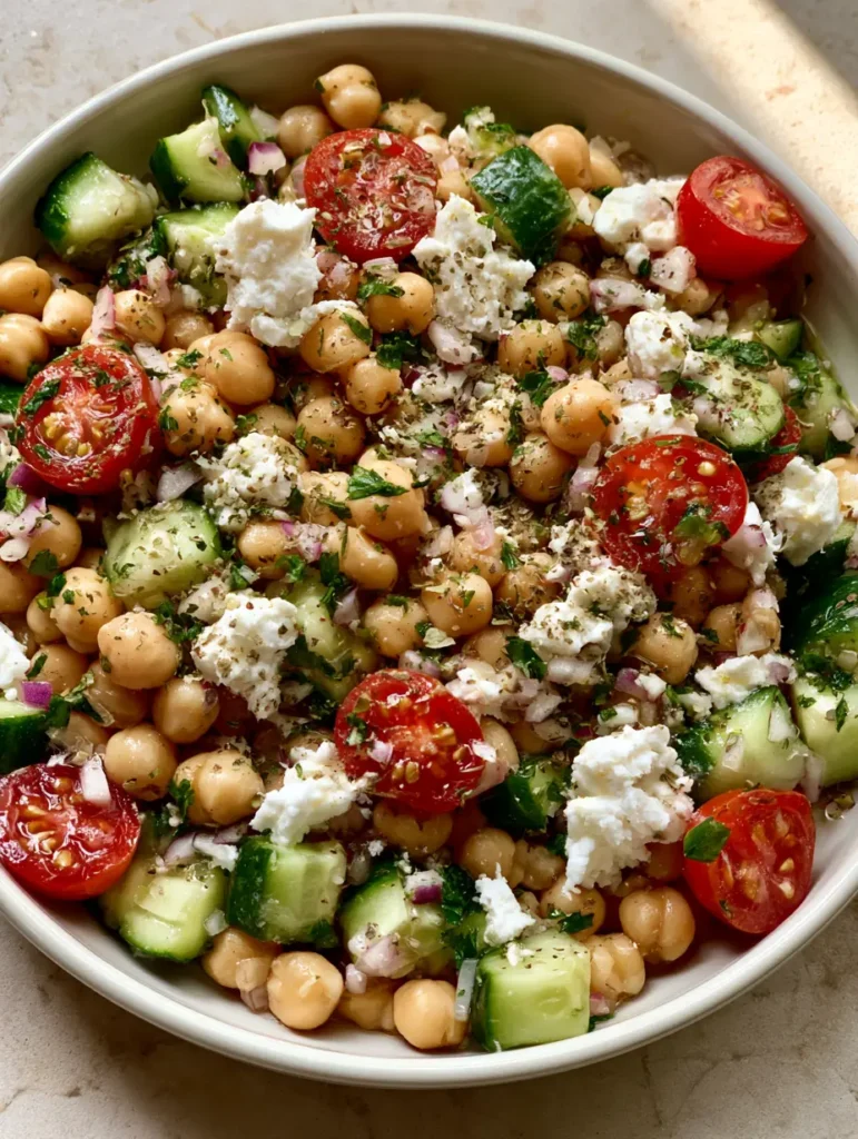 Close-up of High-Protein Chickpea Salad ingredients showing the texture of crumbled feta and crisp cucumber skins.