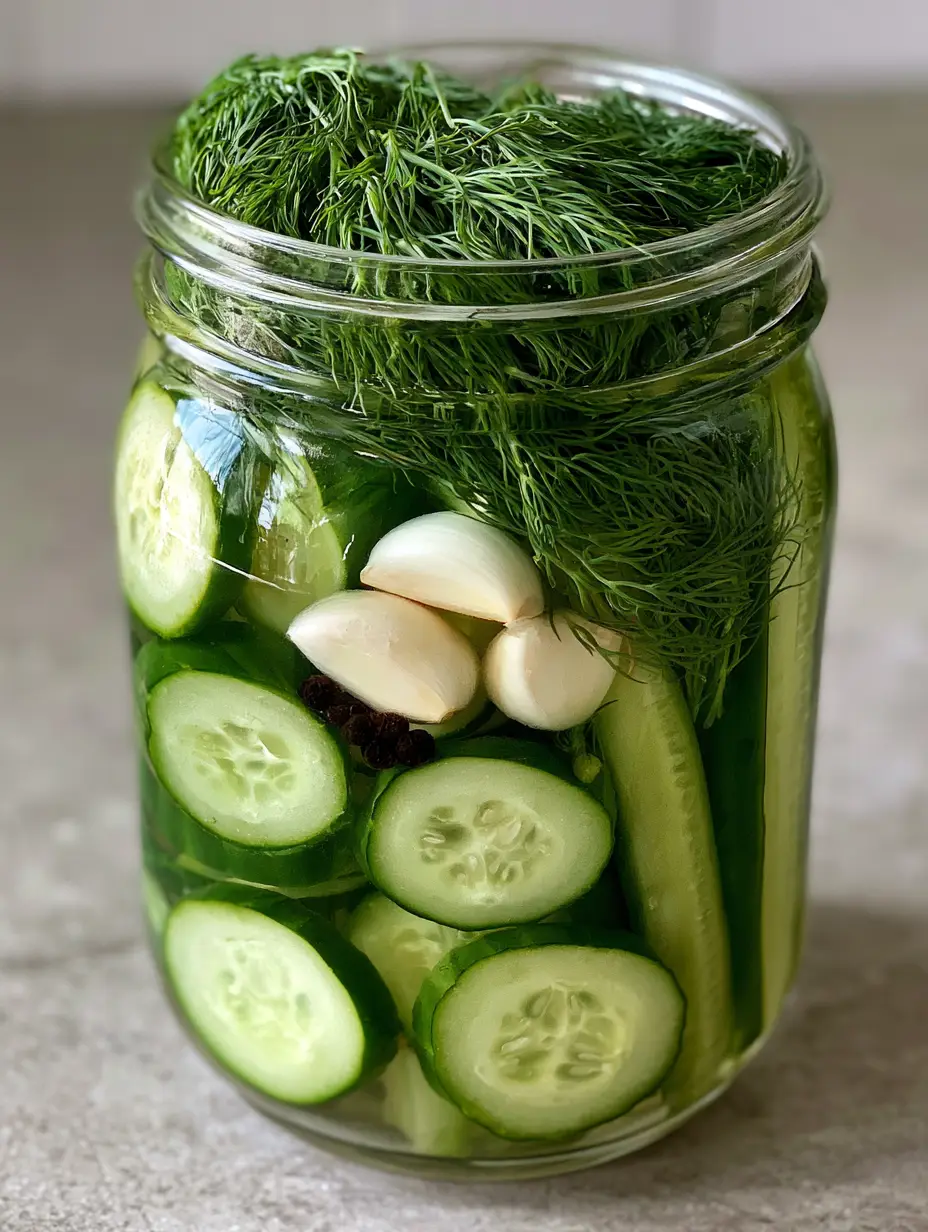 A clear glass mason jar filled with refrigerator pickles rounds and spears showing bright green skins and pale interiors.