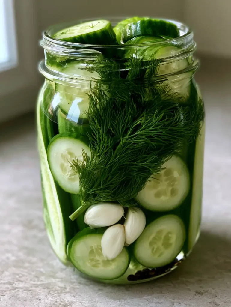 Top view of a mason jar filled with refrigerator pickles showing peppercorns and feathery dill sprigs.