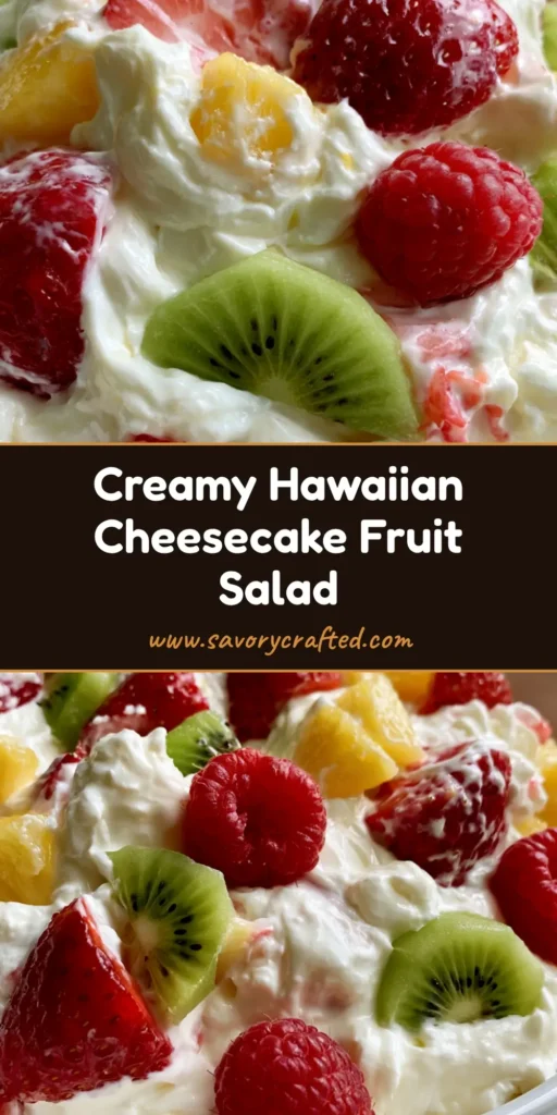 A large white ceramic bowl filled with glossy Hawaiian Cheesecake Salad featuring thick white dressing and colorful tropical fruit. (Hawaiian Cheesecake Salad)