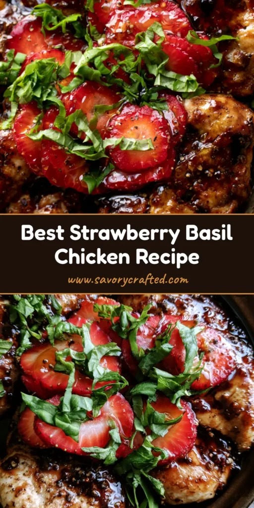A top-down shot of seared Strawberry Basil Chicken in a dark skillet with a glossy mahogany glaze, fresh strawberry slices, and torn basil.