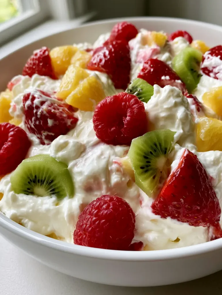 Overhead view of Hawaiian Cheesecake Salad in a white bowl with strawberries, raspberries, and kiwi slices. (Hawaiian Cheesecake Salad)