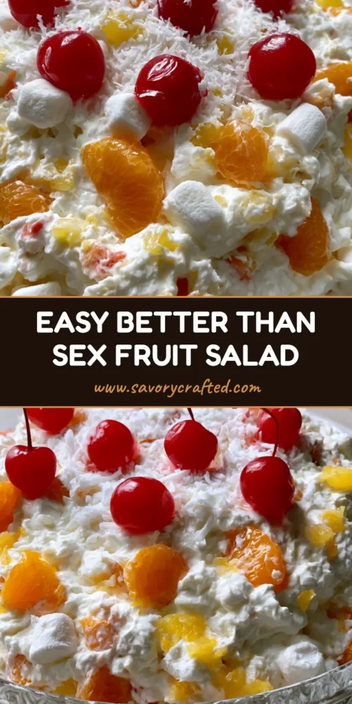 A high-angle view of a glass bowl filled with Better Than Sex Fruit Salad, topped with maraschino cherries and coconut.