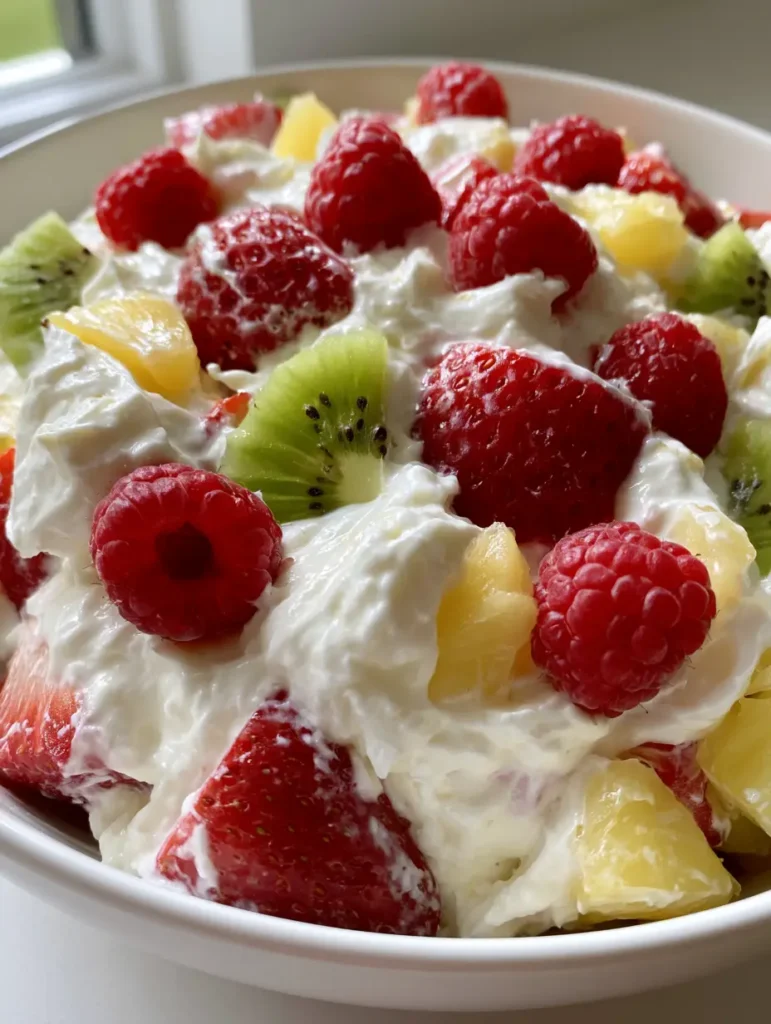 Close-up of the glossy cheesecake dressing coating fresh kiwi slices and red raspberries. (Hawaiian Cheesecake Salad)