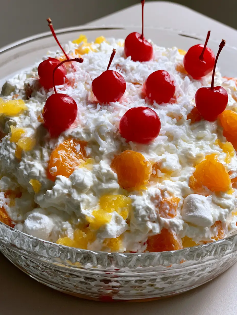 A close up of the fluffy white texture of Better Than Sex Fruit Salad with mandarin oranges and marshmallows.